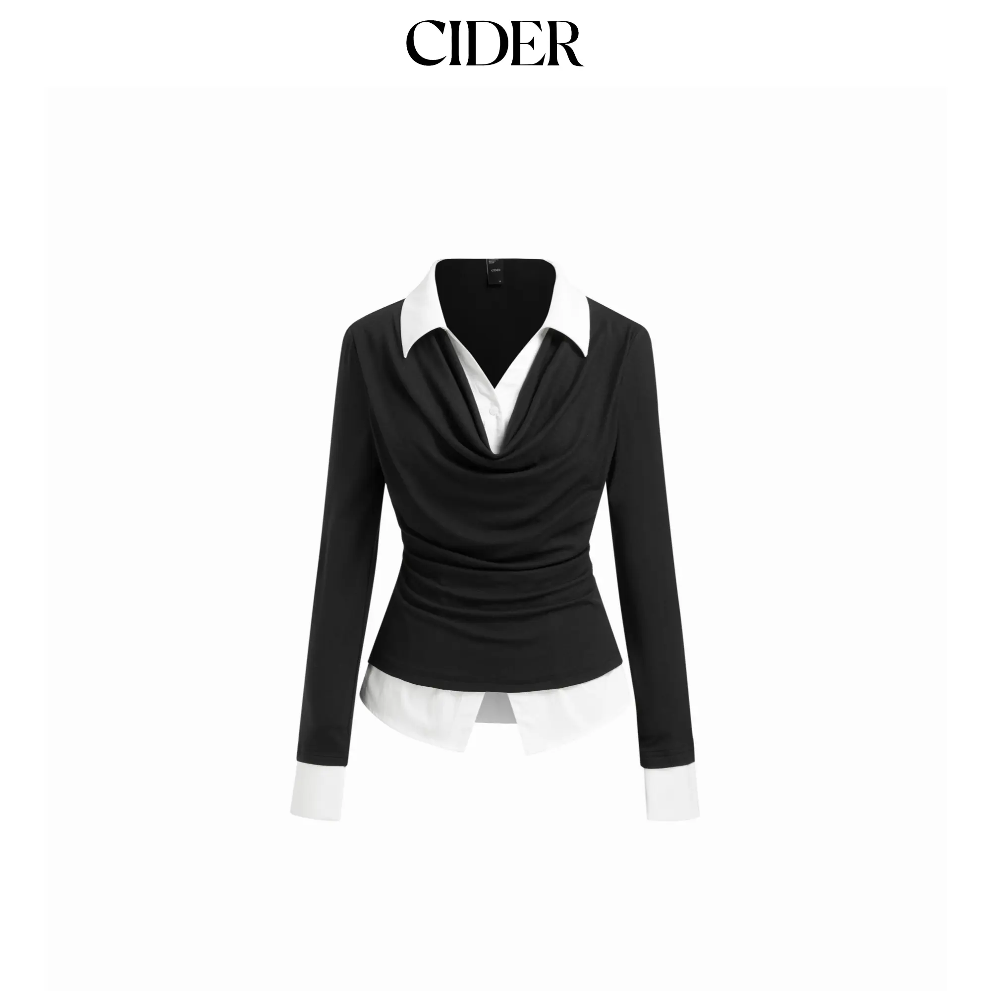 Cider Cowl Neck Two Tone Ruched Long Sleeve Layered Top SummerFinds
