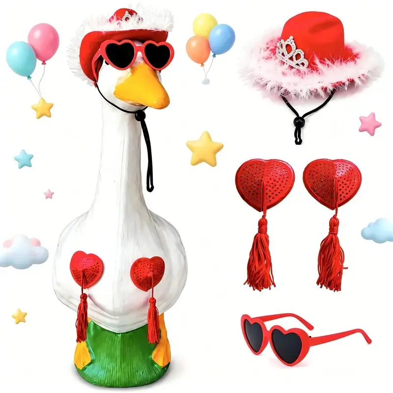 17-in & 23-in Summer Porch Goose Costumes with Accessories, Funny Outfit Set Including Hat, Heart Sunglasses & Tassel Skirt for Outdoor Lawn Decor Style
