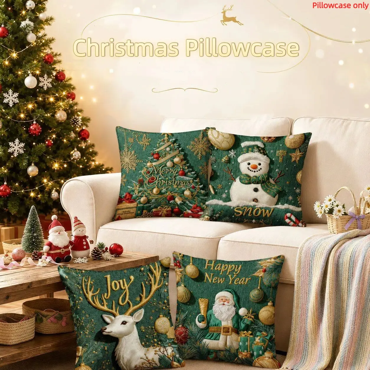 Christmas Pillowcase Set of 4, Santa Claus, Snowman, Reindeer, Candy Cane Design, Polyester, Living Room and Sofa Decor