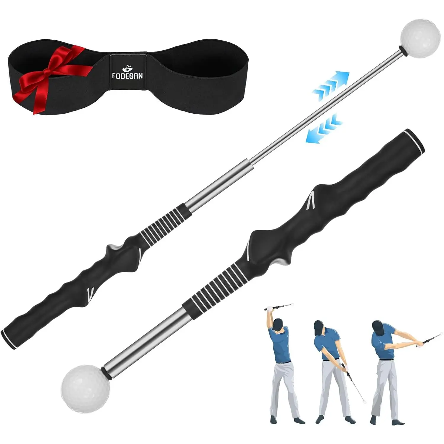 5-in-1 Retractable Golf Swing Trainer, Training Aid with Grip Trainer, Grip Correction for Beginners & Tempo Training for Advanced, Click Feedback, Right/Left-Handed