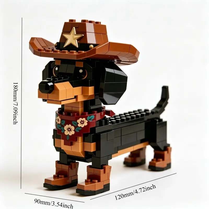 Cowboy Outfit Dachshund Building Blocks Animals, Western Style Pet Model, Display Collection, creative blocks, skills kits, desktop figurines, Birthday Holiday Gift for Adults 14+, Back to School Wild West Decor