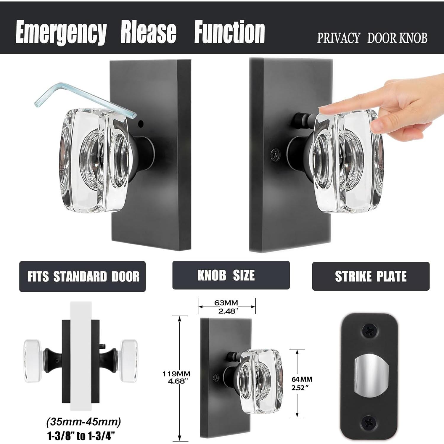 Glass Door Knobs Interior with Lock,  Modern  Door Knob for Bedroom Bathroom, Matte Black