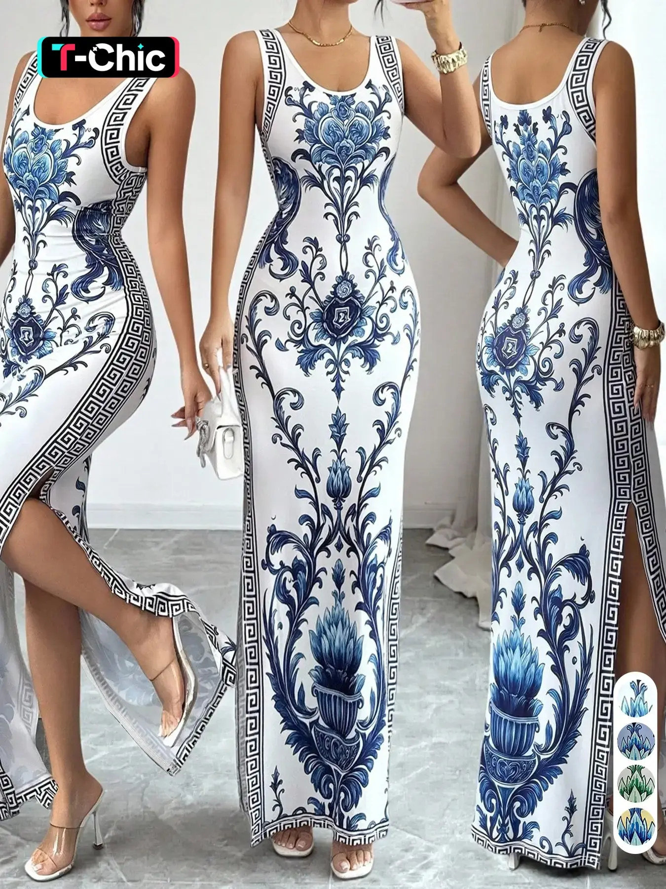 Blue-and-White Porcelain Style Print Sleeveless Long Bodycon Dress for Summer Beach & Vacation, Evening Party Wear