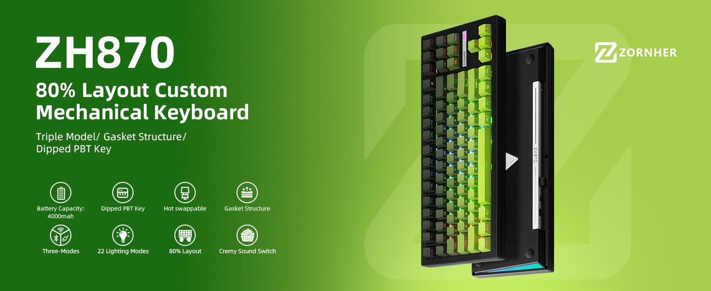 ZORNHER ZH870 Wireless Mechanical Gaming Keyboard 80% Green Creamy