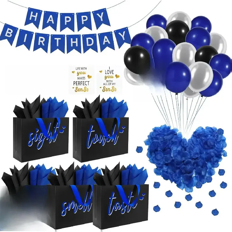 5 Senses Personalized Gift Packaging Kit for Him (Black-Blue Lettering, Widened Ribbon Handle) - Anniversary Gift, Party Supplies, Themed Goodies, Labels, Tissue Paper, Banner, Balloons, Rose Petals, Envelope, Card, Hotel Rooms Office Stationery