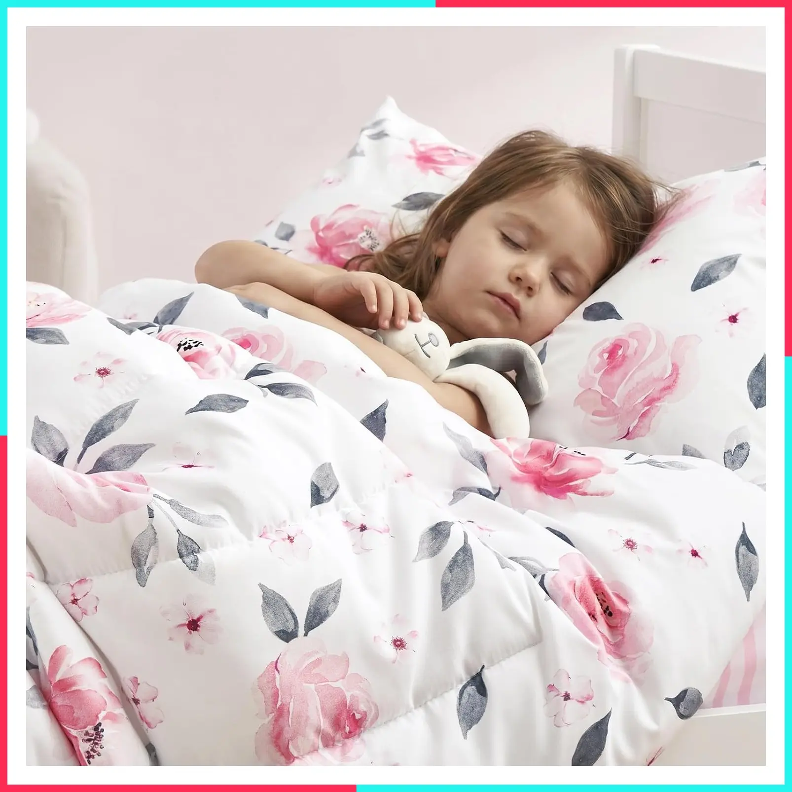 4 Piece Toddler Bedding Set, Ultra Soft Toddler Comforter Set Includes Comforter, Fitted Sheet, Flat Top Sheet and Pillowcase for Girls, Floral Bed in a Bag for Baby Bedroom