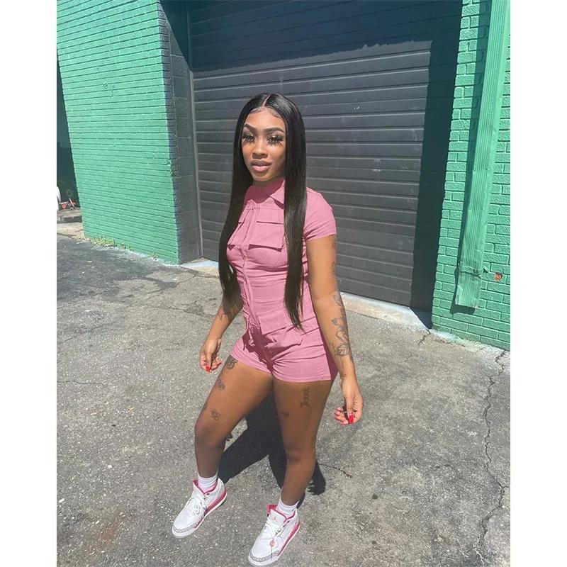Streetwear Zipper Pockets Shorts Jumpsuit Women Clothing Short Sleeve Skinny Cargo Playsuit Summer Casual Pieces Romper