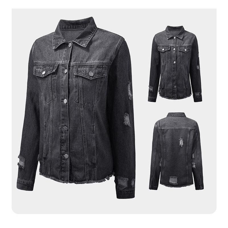 Women's Jean Jackets Non Stretch Boyfriend Washed Distressed Ripped Lapel Long Sleeve Denim Jacket Tops 2025 Spring Fall Womenswear Outfits Casual Coats