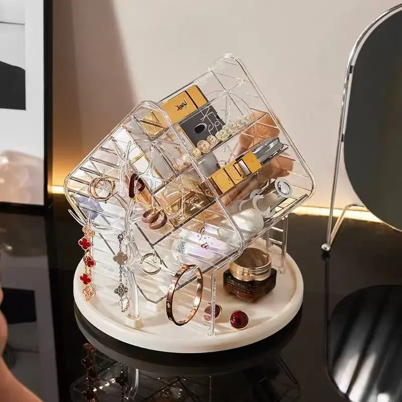 Rotating Makeup Organizer Rack, Luxury Home Vanity Jewelry Holder, Desktop Stationery Skincare Storage Box, Elegant Cosmetic Display Case