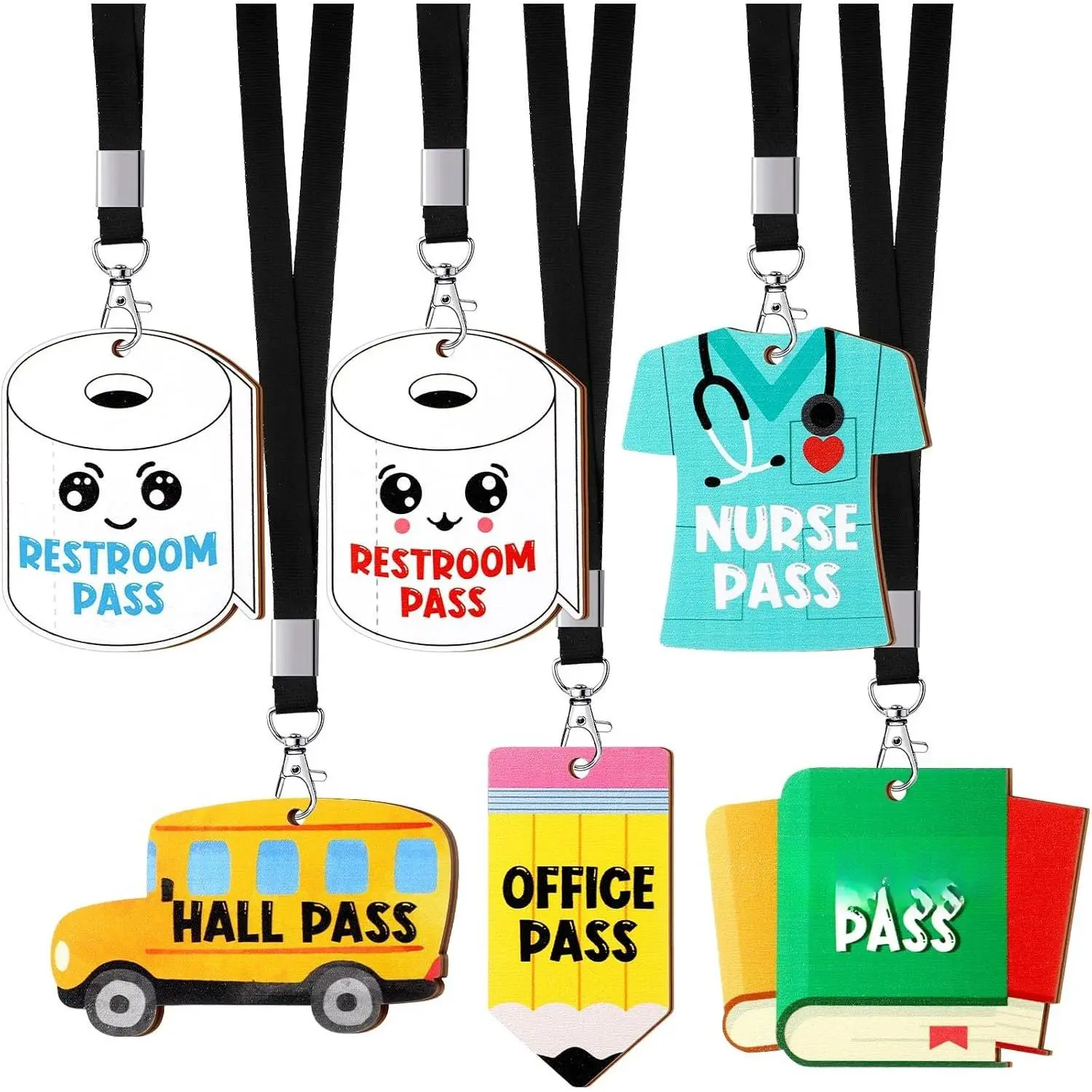 6 Sets Hall Pass Lanyards and School Passes Set Unbreakable Wooden Bathroom Passes for Classrooms Hall, Restroom, Library, Office and Nurse School Teacher Supplies  (Cute Style)