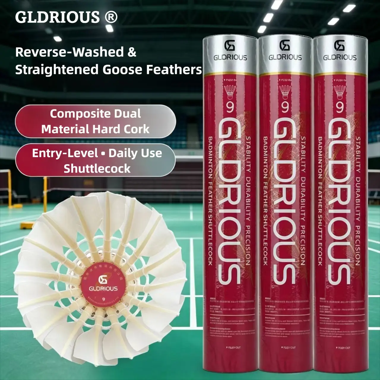 GLDRIOUS No.9 Badminton Shuttlecocks 12pcs - Entry-Level Goose Feather, Durable Hard Cork for Daily Training