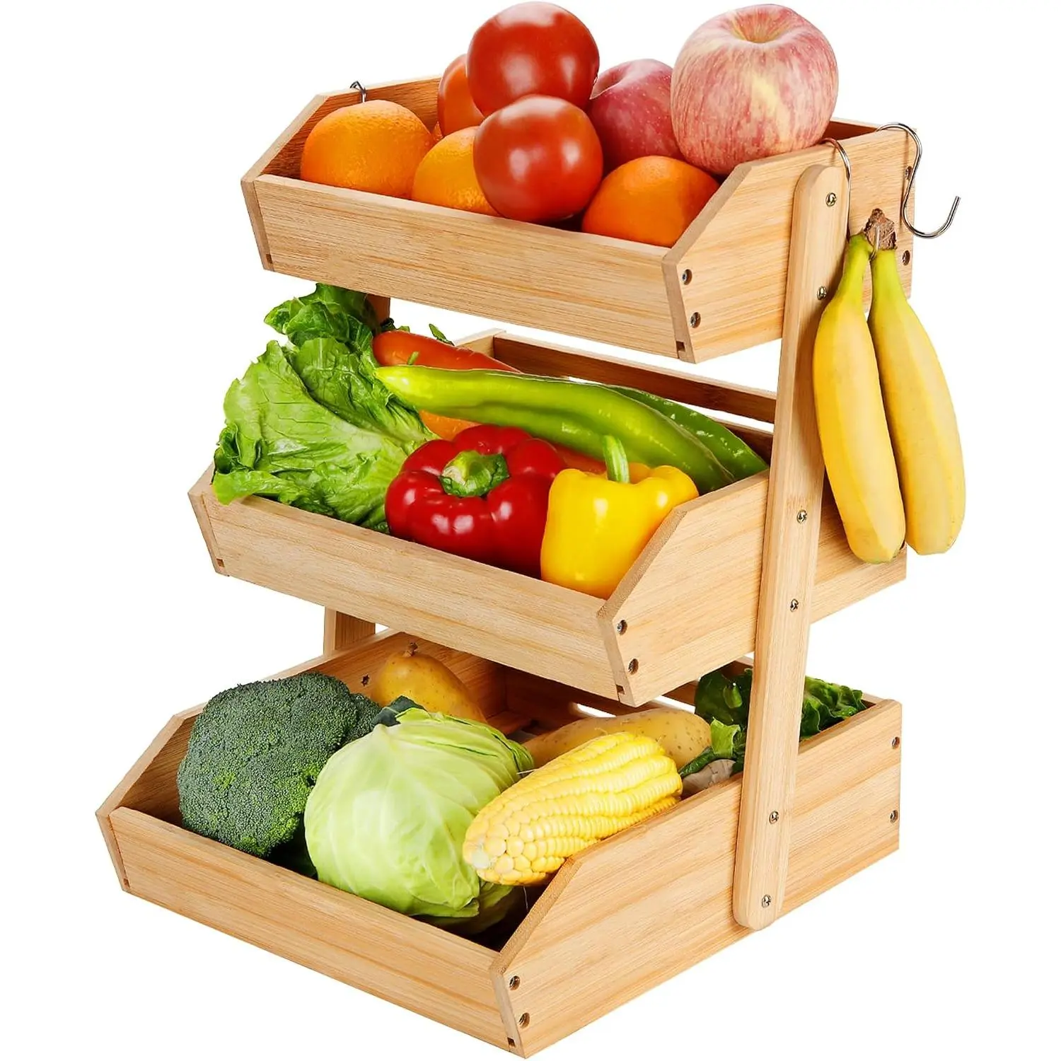 3 Tier  Fruit Basket with 2 Banana Hangers for Kitchen Counter | Large Capacity Breathable Fruit Bowl, Sturdy, Easy Assembly,   Produce Organizer for Veggies, Snacks & Bread
