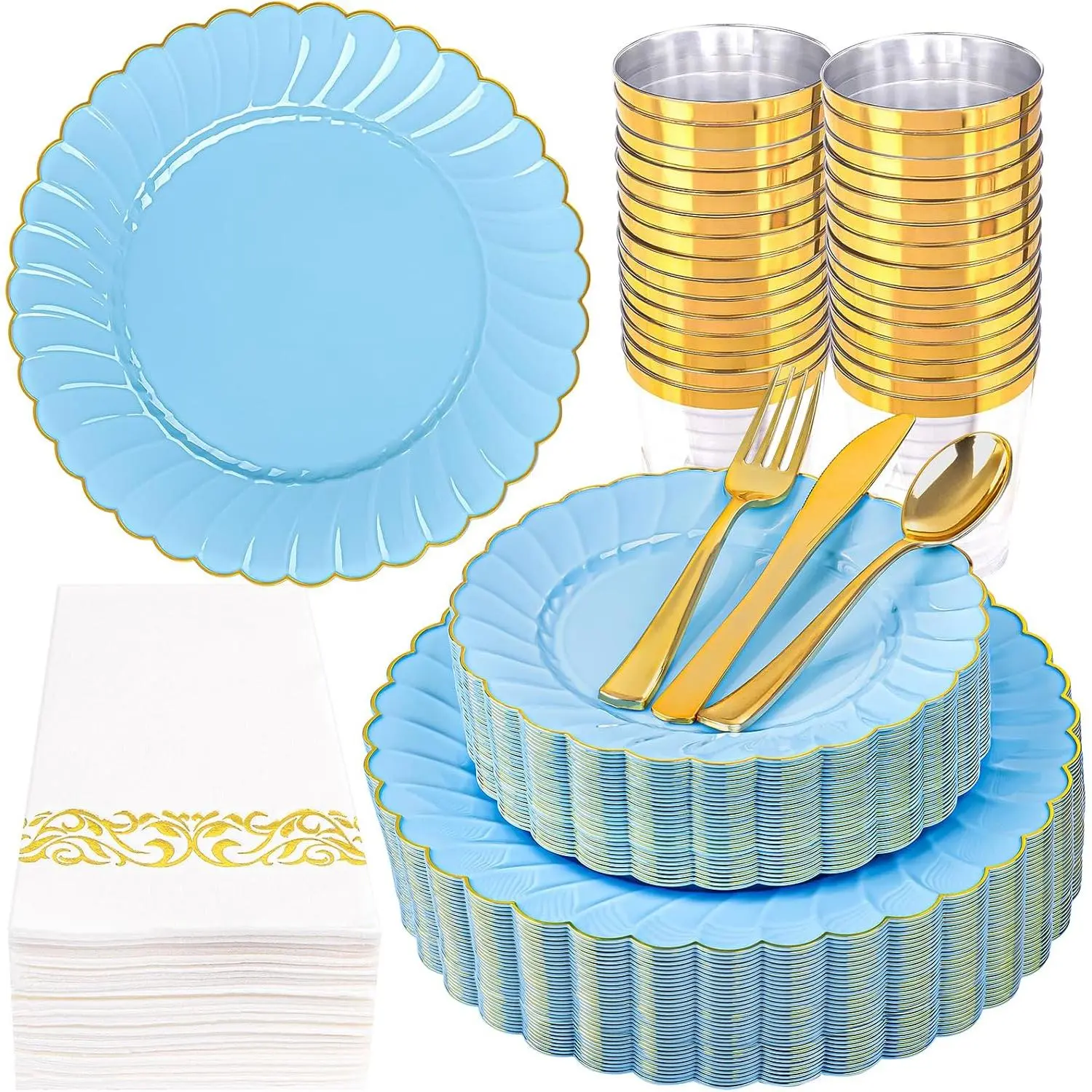 175 count Blue Scalloped Plastic Plates - Light Blue Disposable Dinnerware Set Include 50 Plates, 75  Silverware, 25 Cups, 25 Napkins for Party & Wedding &  Shower