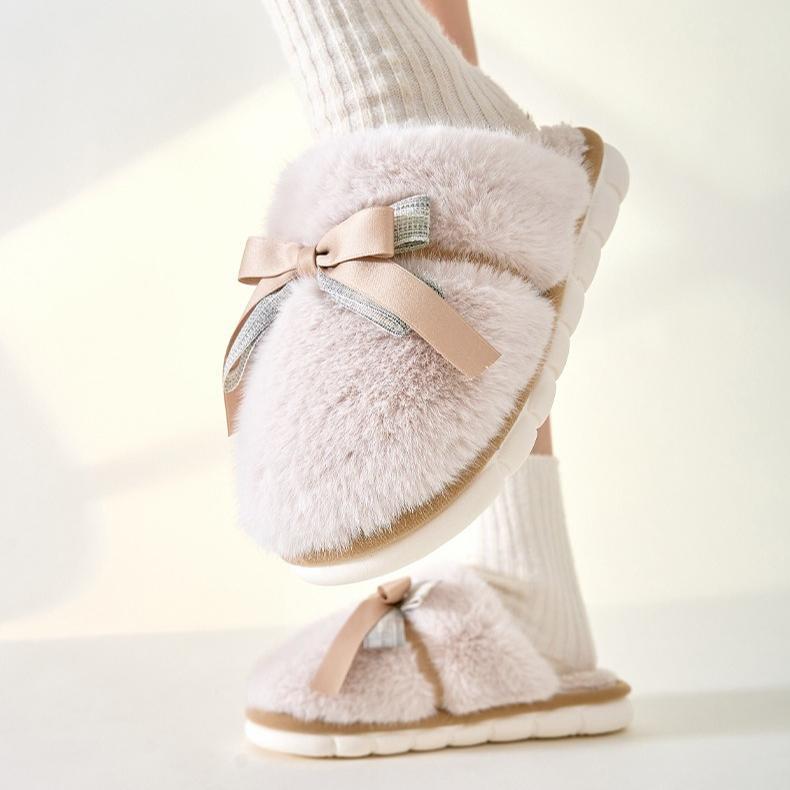 Cute Bow Soft Cotton Slippers for Women, Womens Fuzzy Fluffy Cozy Indoor Outdoor House Slippers Winter Indoor Anti-slip Thick-soled Slippers, Autumn and Winter Home-use Cotton Slippers, Warm and Comfortable Home Floor Slippers