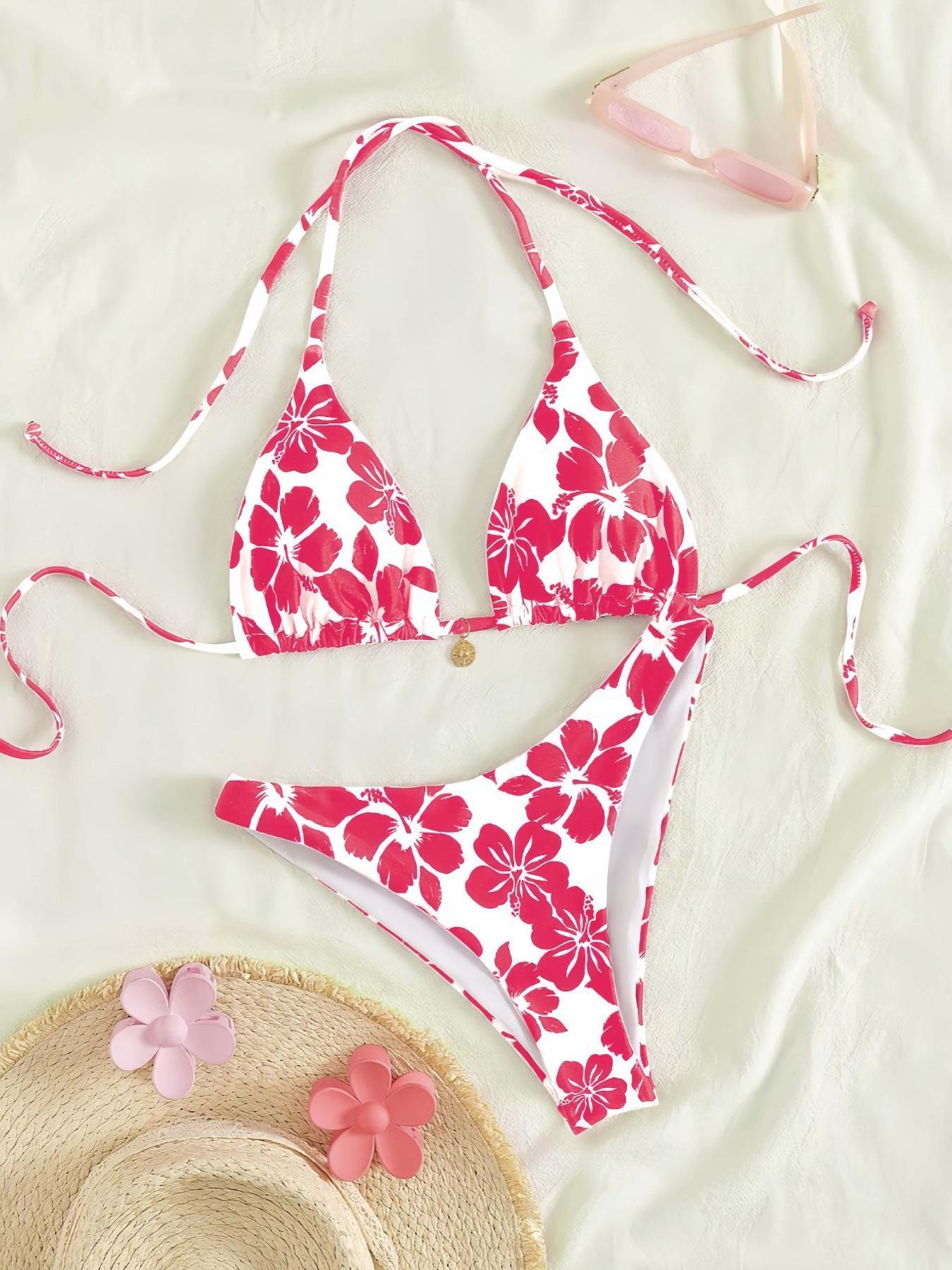 Two-Piece Set Women's Floral Print Bikini Set, Flower Print Bikini, Casual Swim Top & Swim Bottom, Two-piece Swimsuit for Summer Beach Holiday