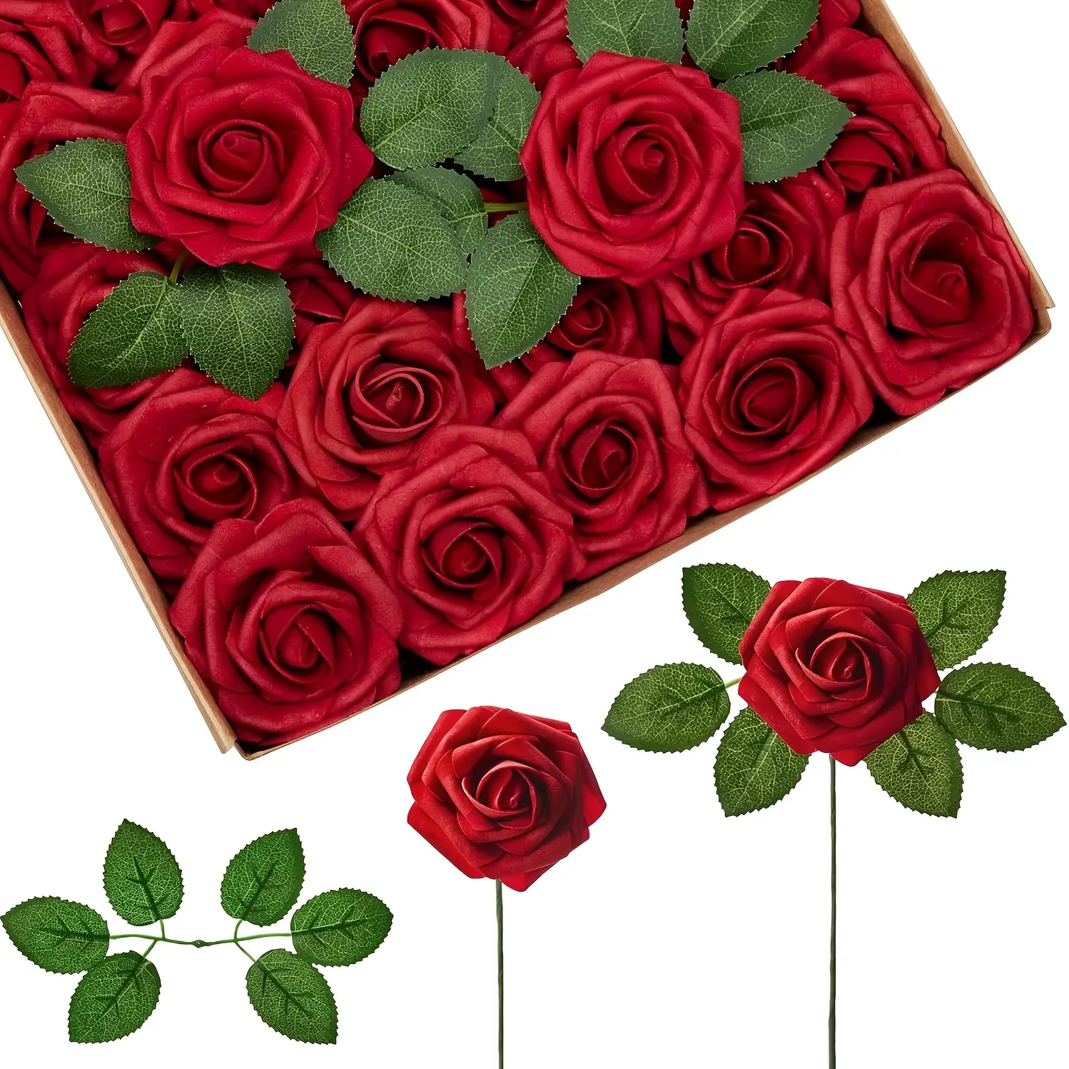 50pcs Roses Dark Red Foam Roses With Stems - Artificial Rose Flowers For Wedding Bouquets, Bridal Shower Centerpieces, Party Table Decorations Floral Decor, Flower Arrangement Perfect For Christmas Thanksgiving Home Decor