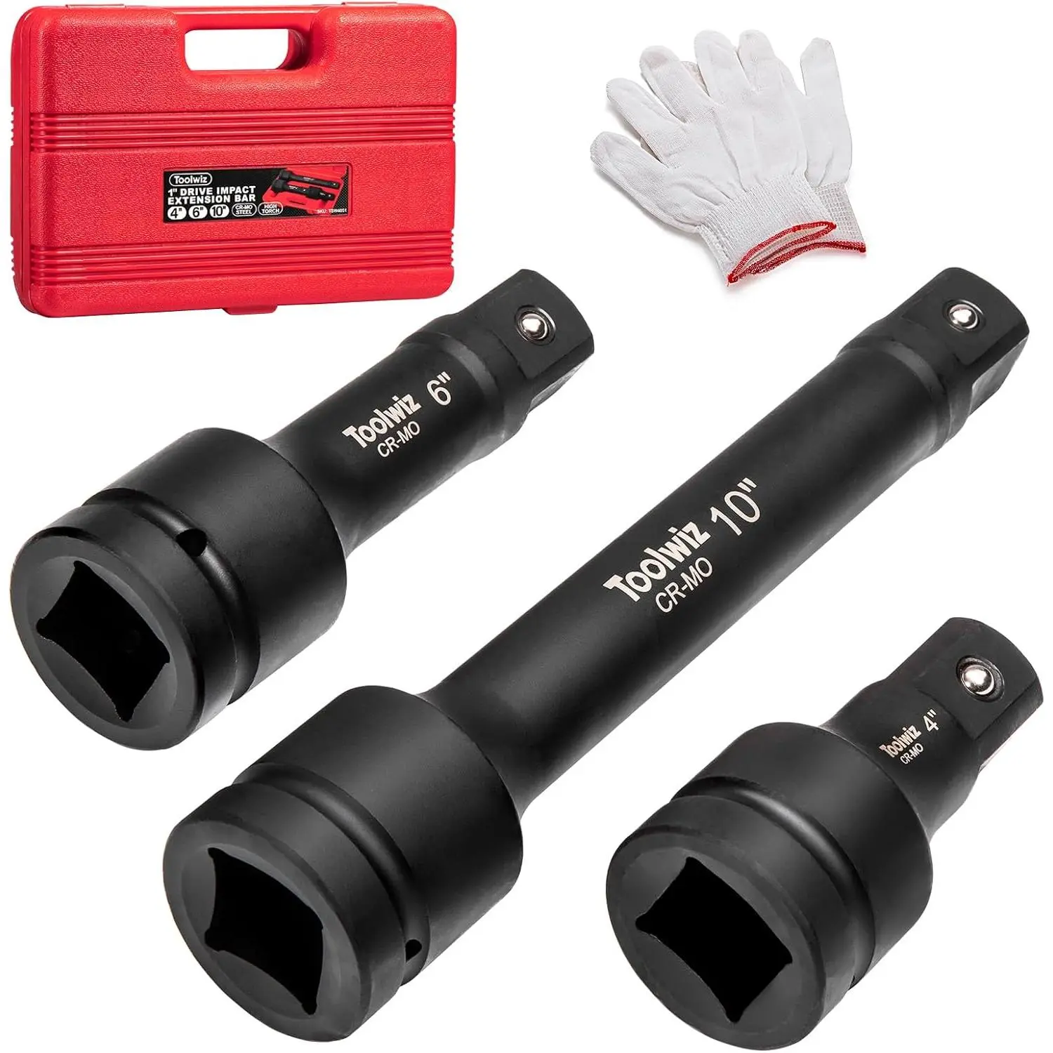 Toolwiz 1" Drive Impact Extension Bar 4", 6", 10" (3 Piece) Cr-Mo Steel | 1" Socket Extension Set, Black, Locking Pin, PVC Box Organized, for Mechanical Equipment Repair, Use with Air Impact Wrenches