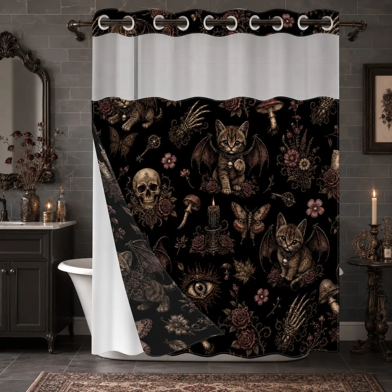 1 Pc Hookless Double Layer Shower Curtain with Snap-in Liner, Gothic Winged Cat Skull Mushroom Rose Moth Print, Waterproof & Mold Resistant Bath Curtain with Mesh Top Window, Dark Halloween Bathroom Decor for Apartment Home Hotel Dorm