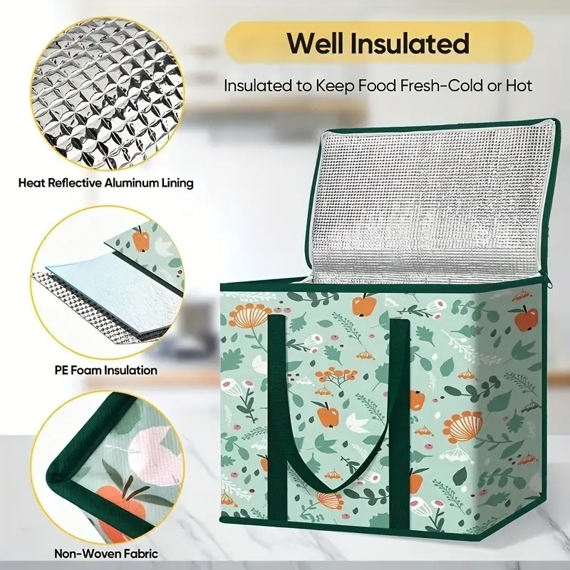 Floral Pattern Reusable Shopping Bag, Insulated Food & Beverage Bag, Durable Zipper, Large Storage Pocket, Ideal for Takeout, Picnic, Lunch