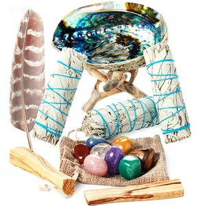 Spiritual Smudge Kit, White Sage Bundles for Cleansing, 8 Healing Chakra Stones with Abalone Shell & Stand, Smudging Feather with Cleanse Guide, Smoke Cleansing Sticks for Manifesting and Growth, Reusable Smudge Tools for Home Blessings