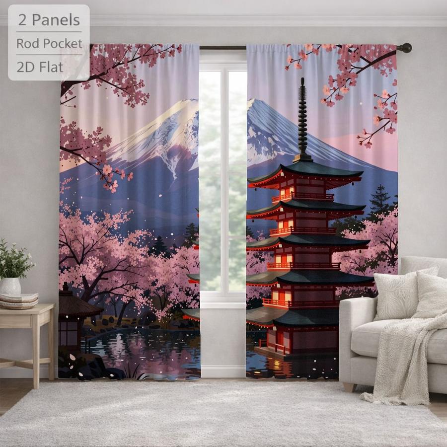 2Pcs Japanese Style Pagoda Mount Fuji Cherry Blossom Landscape Sun Blocking Curtains Digital Printed Rod Pocket, Window Treatment For Bedroom Office Kitchen Living Room Study Home Decor