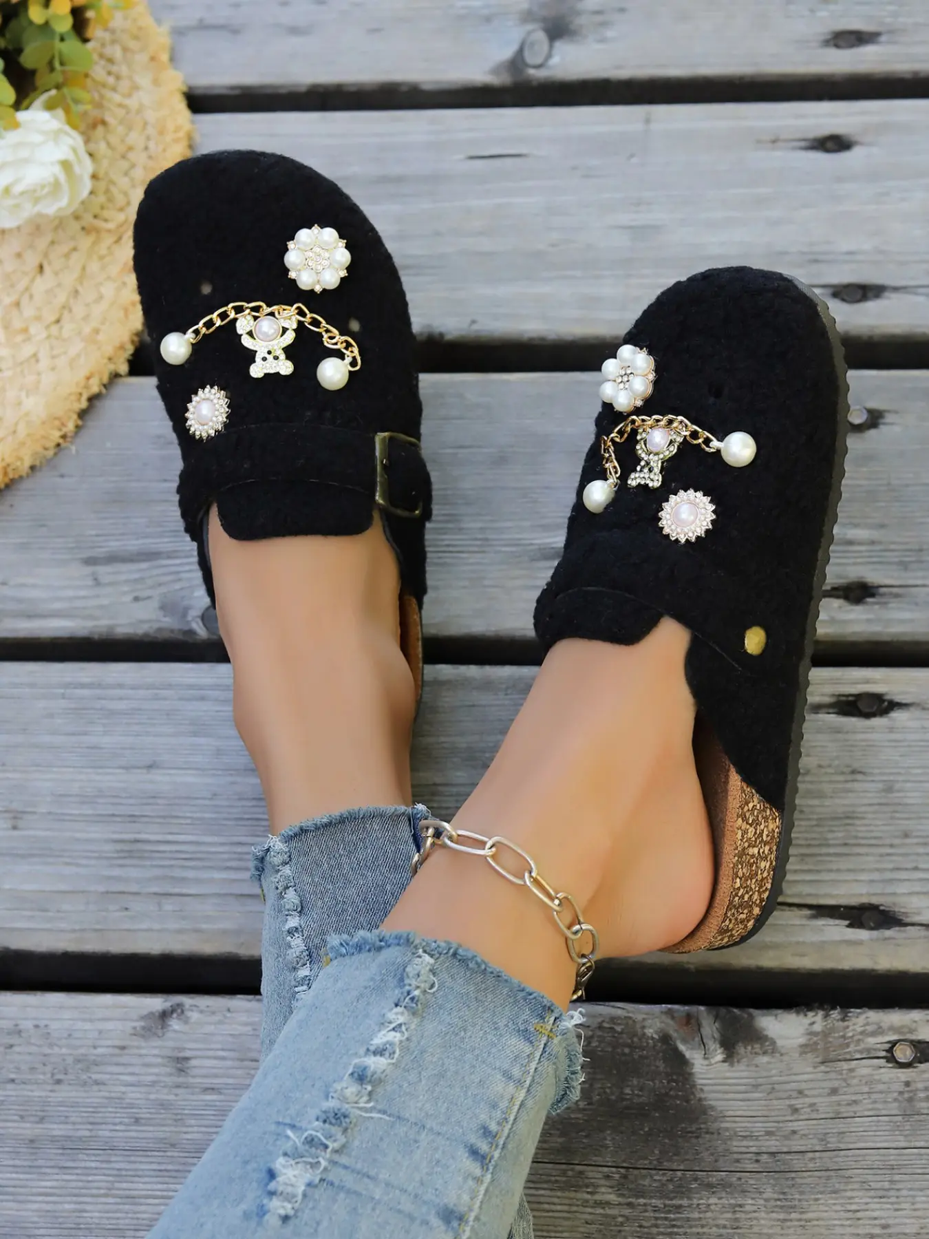 Women's Vintage Teddy Bear Slippers, Adjustable Strap, Non-Slip, Warm Indoor Outdoor Shoes, Fall Winter Casual Footwear