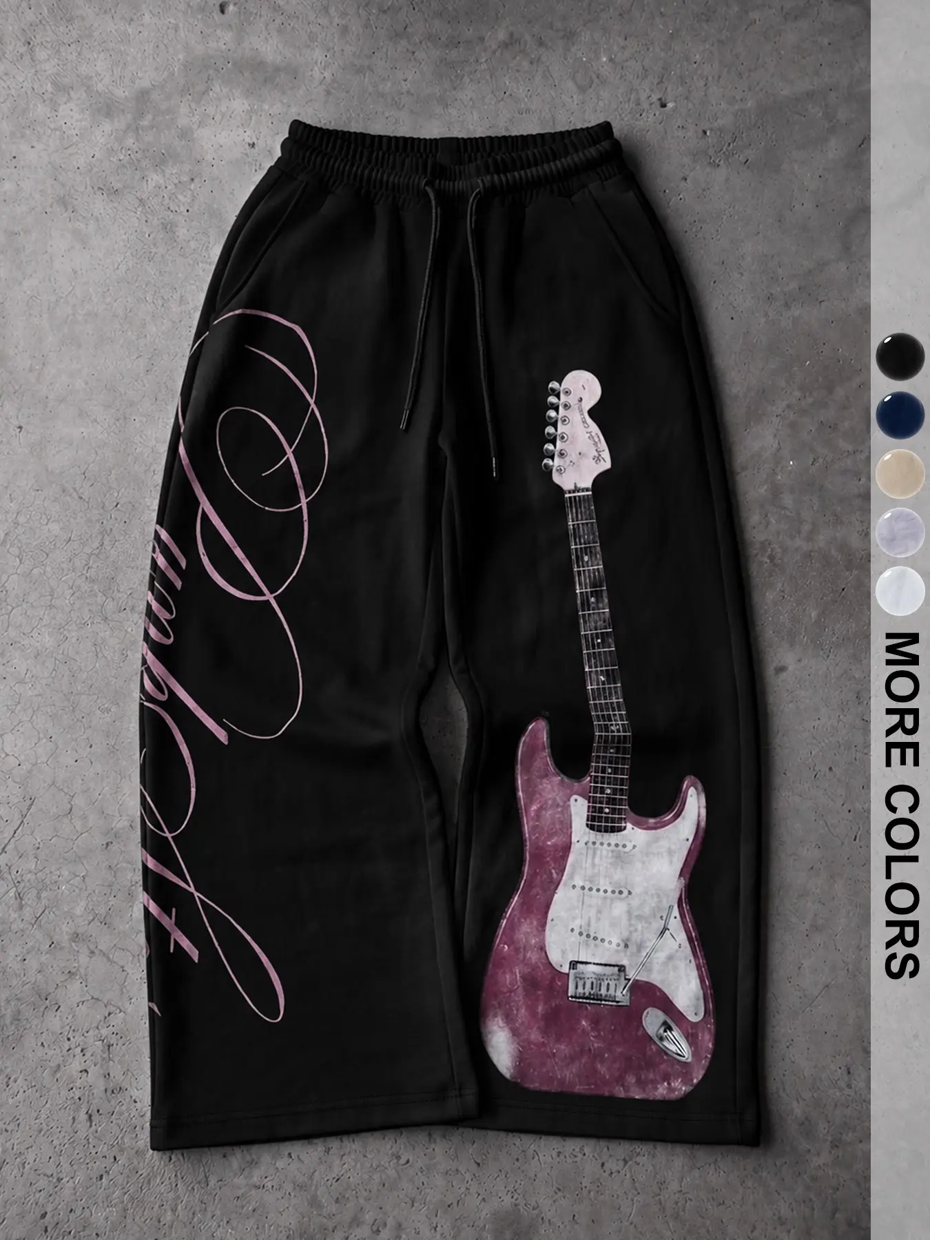 Vintage electric guitar print wide-leg sweatpants with an elastic waistband and drawstring, made from soft and comfortable fabric. Perfect for music lovers' everyday aesthetic, available in multiple colors, trendy loose casual pants, unisex.
