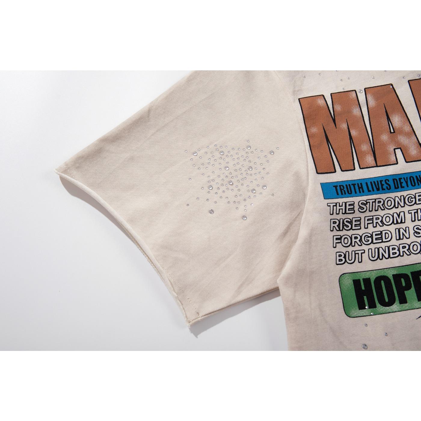 MAJESTIK New American High-Street Streetwear, Vintage Washed Distressed Frayed Edges, Heavy Rhinestone Inlay, Jesus & Virgin Mary Graphic Print, Black Y2K Hip Hop Crew Neck Short Sleeve Cotton T-Shirt Tops