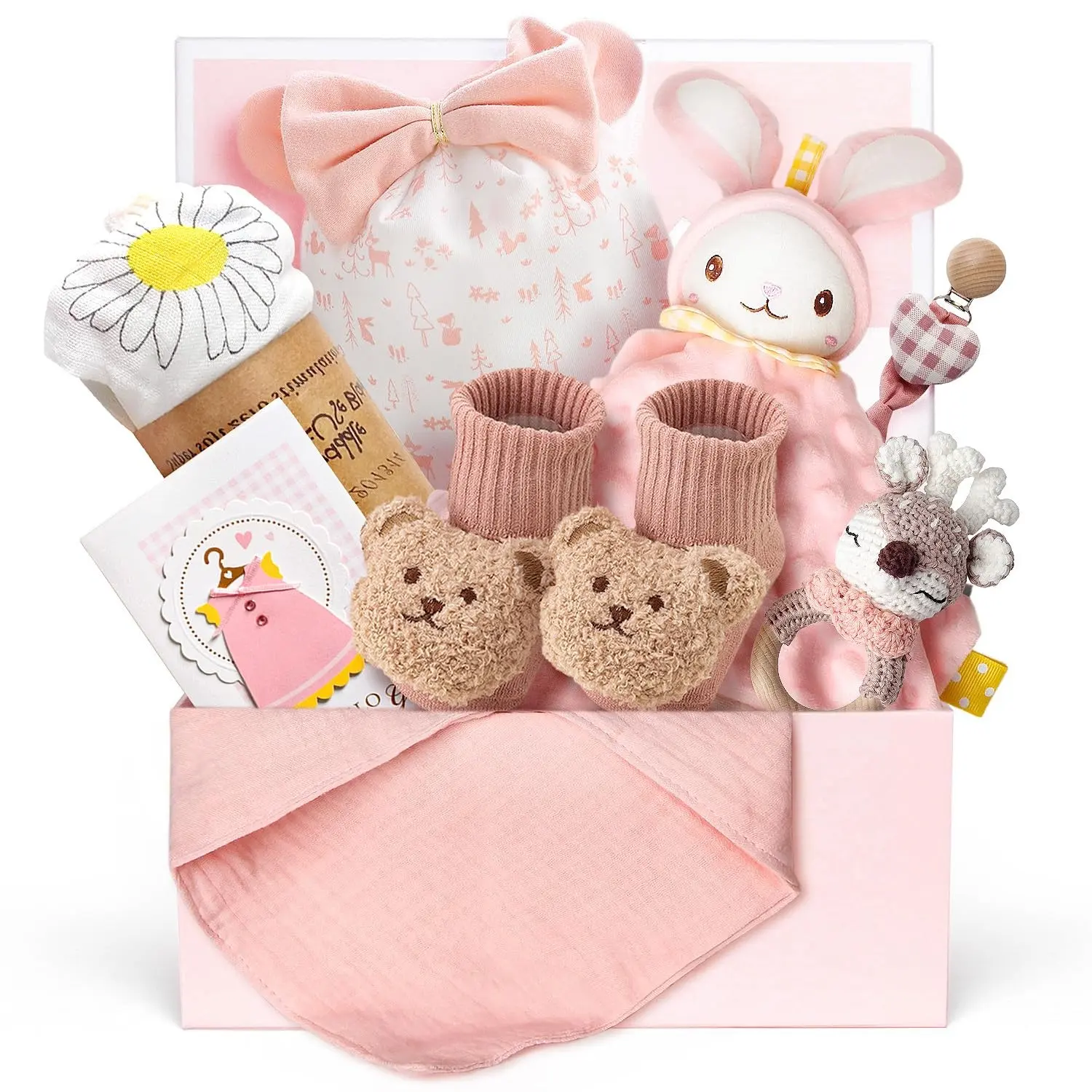 10-Piece Baby Girl Gift Set - Newborn Essentials Basket with Rattle & Swaddle Blanket, Perfect for Baby Shower & Gender Reveal(Gift)
