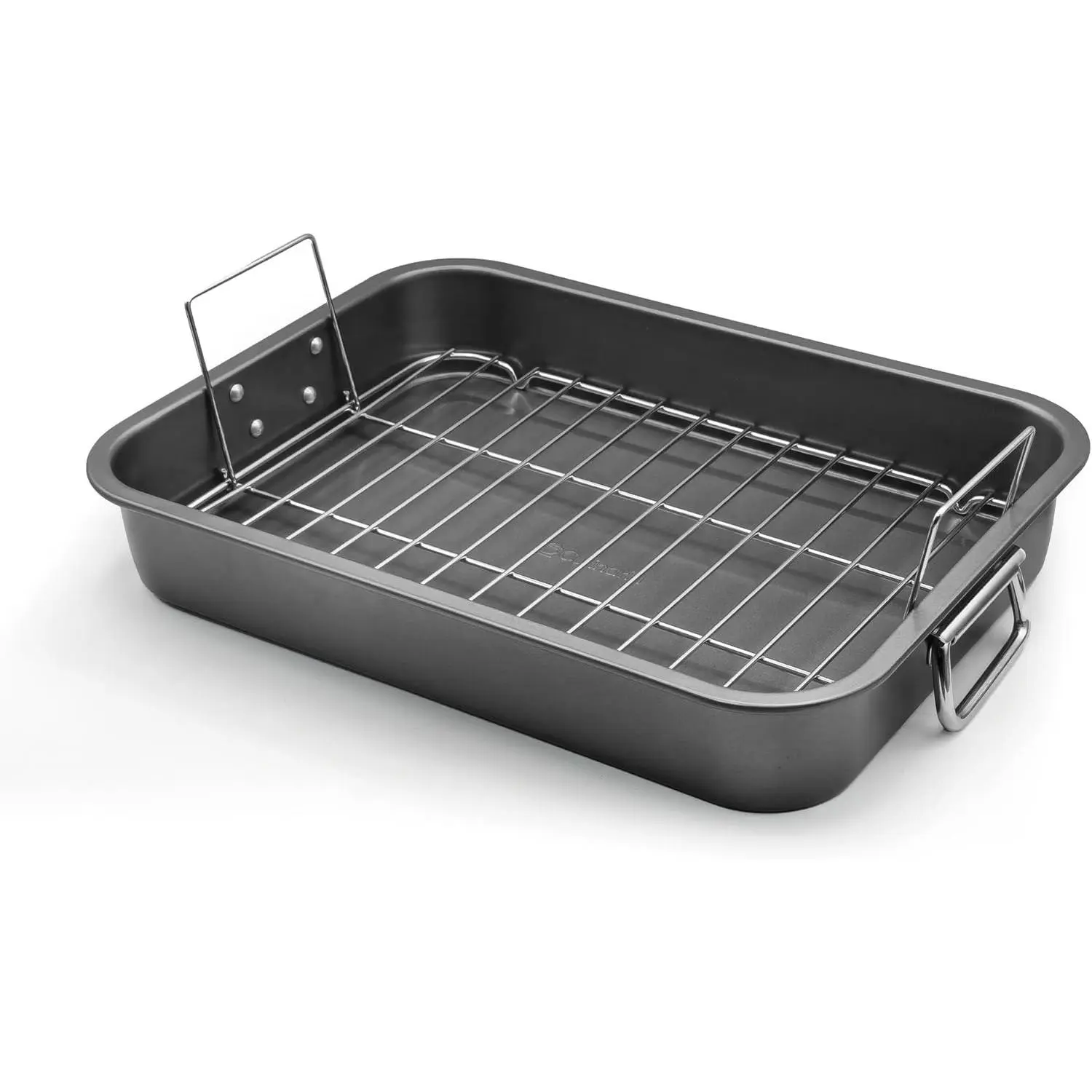 Large Non-Stick Roasting Pan with Flat Rack, 16 x 12 Inch Turkey Roaster for Ovens, Even-Heating Bakeware with Foldable Handles, Dishwasher Safe