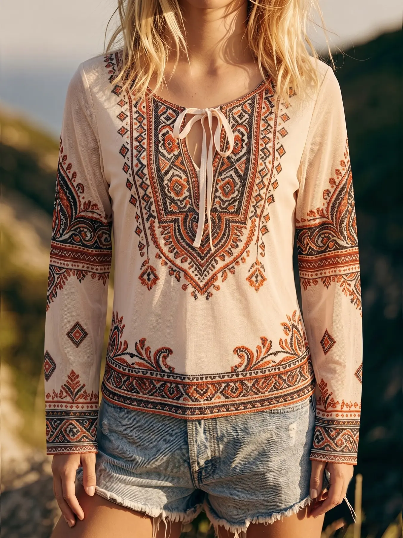 Fall Boho Printed Long Sleeve Top, Apricot Mesh Outer With Full Lining, Tie Front V Neck Ethnic Paisley Geometric Sheer Layering Blouse