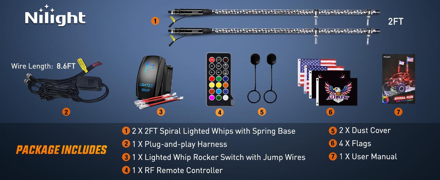 Nilight 2PCS 2FT Waterproof Dimmable Spiral RGB LED Whip Lights - Stainless Steel Lighted Antennas, RF Remote, IP67 Rated, Chase/Dance Modes for Off-Road Can-Am, Polaris UTV/ATV, Light Dimmable Nilight 2PCS 2FT Waterproof Dimmable Spiral RGB LED Whip Lights - Stainless Steel Lighted Antennas, RF Remote, IP67 Rated, Chase/Dance Modes for Off-Road Can-Am, Polaris UTV/ATV, Light Dimmable