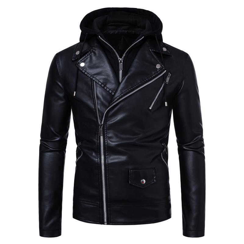 Men's fashionable black PU leather jacket - A versatile and fashionable black mid-length hooded motorcycle leather jacket for winter stand-up collar casual men. Besides keeping warm for men