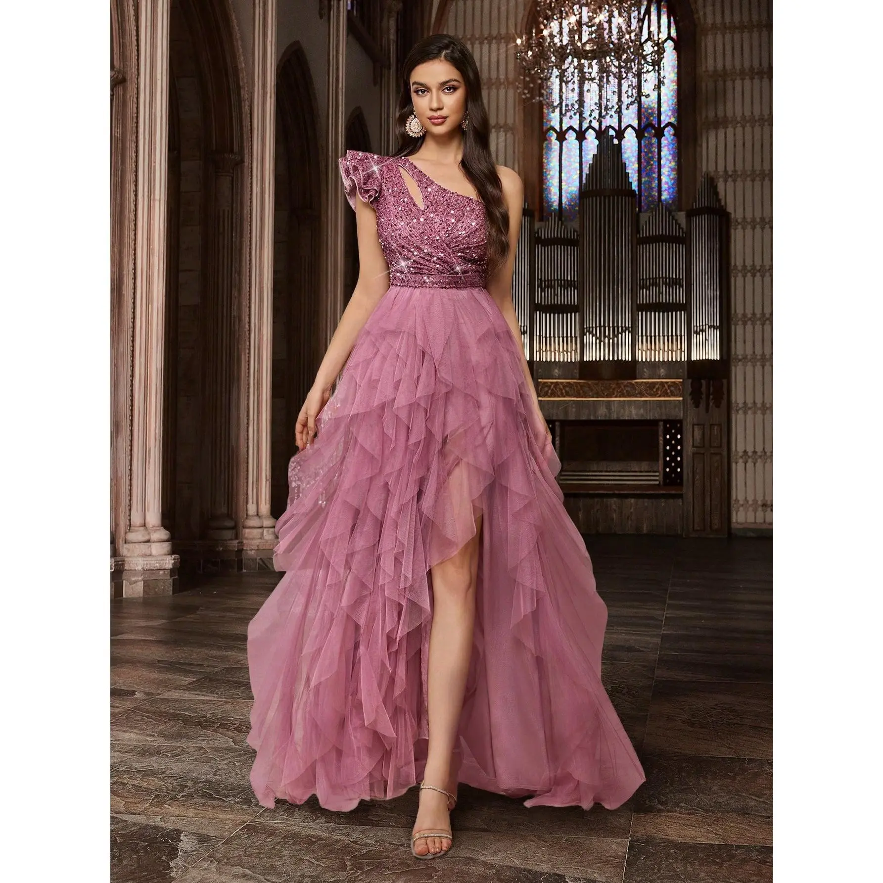 Women's Fitted Cap-Sleeve Mesh Formal Gown - Dense Vertical Rhinestones, Mermaid Silhouette, Moderate All-Sheer, Floor-Length, Hand-Washable for Church Banquet (Sports & Outdoor Dresses), Hand Wash