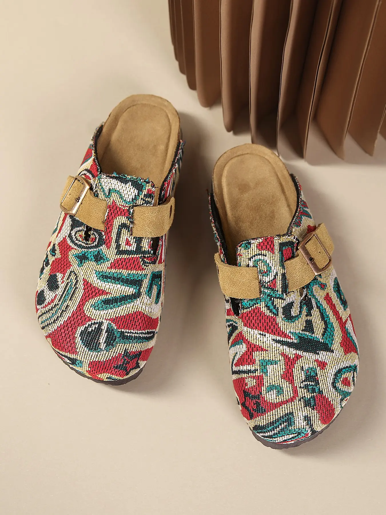 Vintage Ethnic Style Slip-On Shoes, Durable Jacquard Fabric, Adjustable Metal Buckle, Soft Cork Insole, Unisex Design, Multiple Colors, Cork Footbed Clog