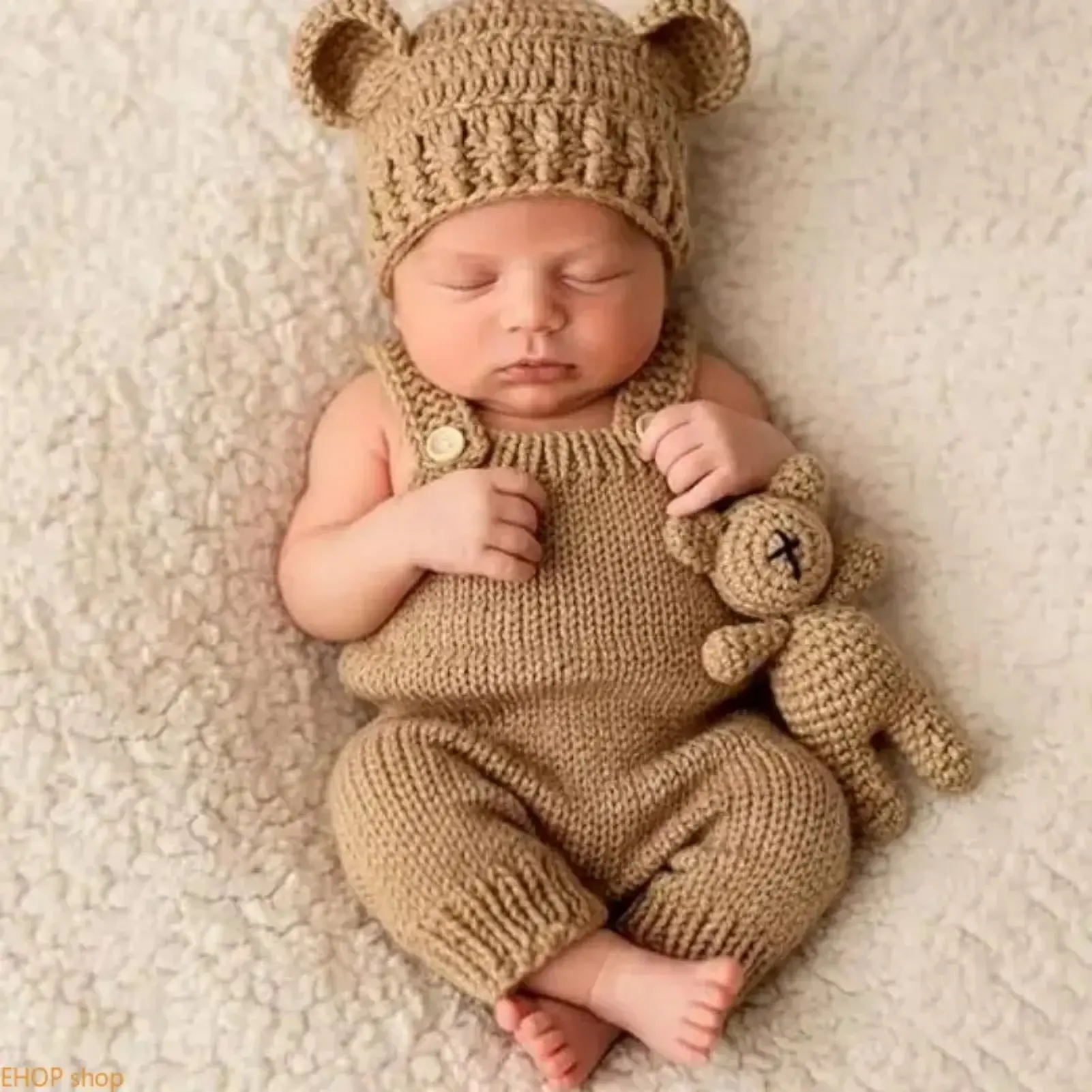 Hand Knitted Bear Pattern Lace Romper Matching 3 Piece Shooting Prop Set Soft Comfort Fabric Portrait Outfit Aesthetic Photo Decor Kit Ideal Studio Portrait Shooting Holiday Memorabilia Present, Cute, Polyester, One Size, Plain