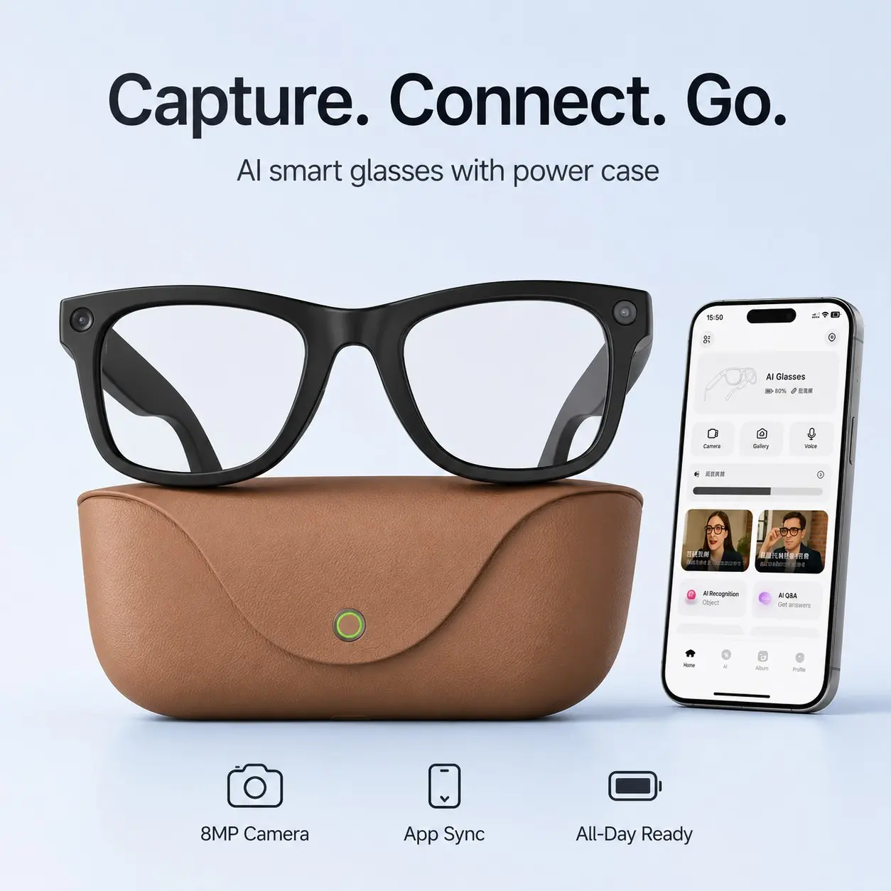 Dual Microphone ENC Audio Smart Glasses Modern Wearable Smart Glasses Camera, 2026 New Multifunctional Audio Sunglasses, Smart Translation Glasses with Ai Translator, 8MP High Resolution 3280×2464 Photos, Immersive Crisp HD Video Capture, Touch Control Bl
