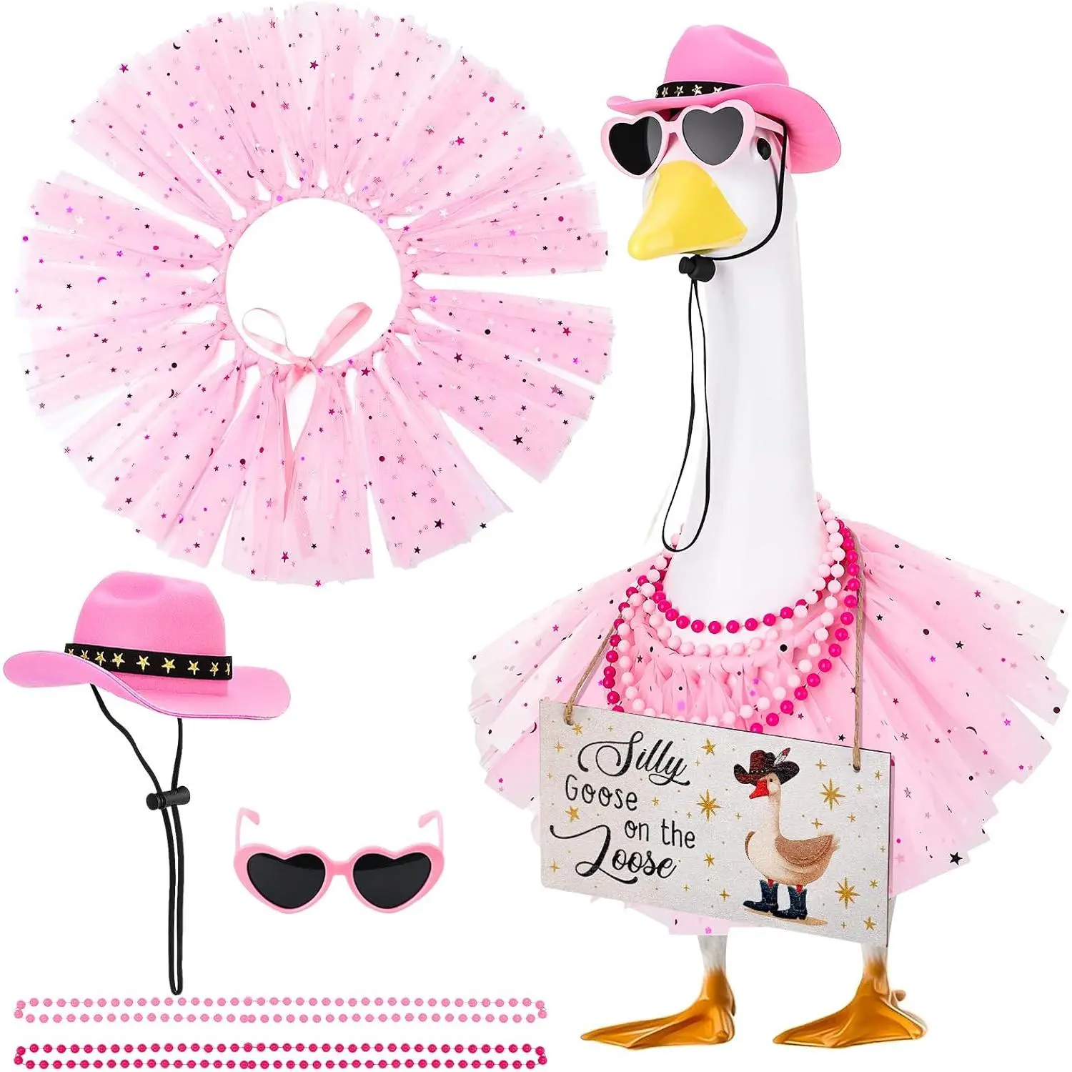 6pcs Princess Porch Goose Outfits for 17-23 inches Lawn Goose Costume with Pink Tutu Skirt Cowboy Hat Glasses Necklaces Wooden Sign for Outdoor Garden Lawn Art Decor