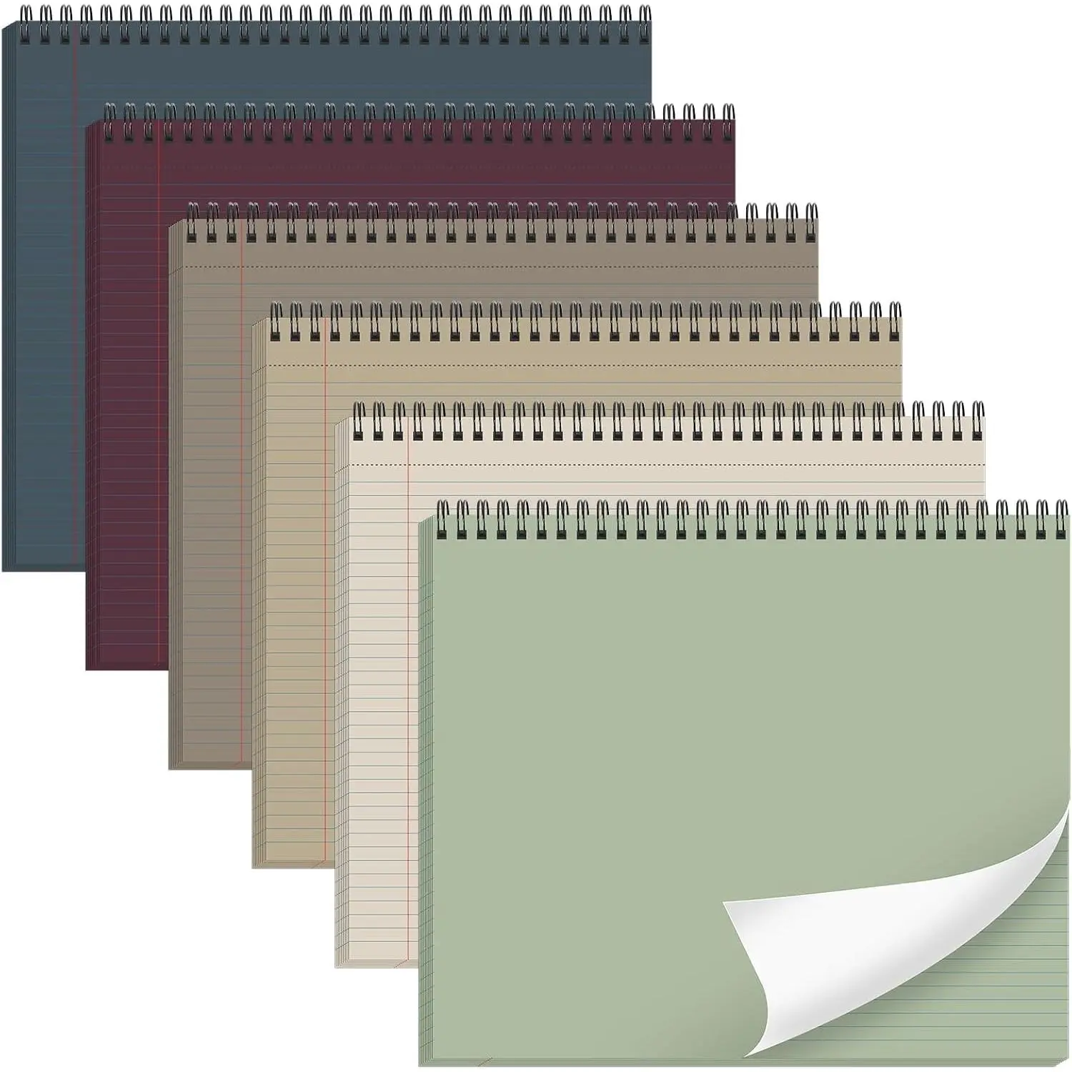 6 Packs Modern 9.5x11 in Landscape College-Ruled Notepads, 40 Sheets 80GSM, Perforated Tear-Off, Punched Top Spiral Bound, for School & Office (Morandi)