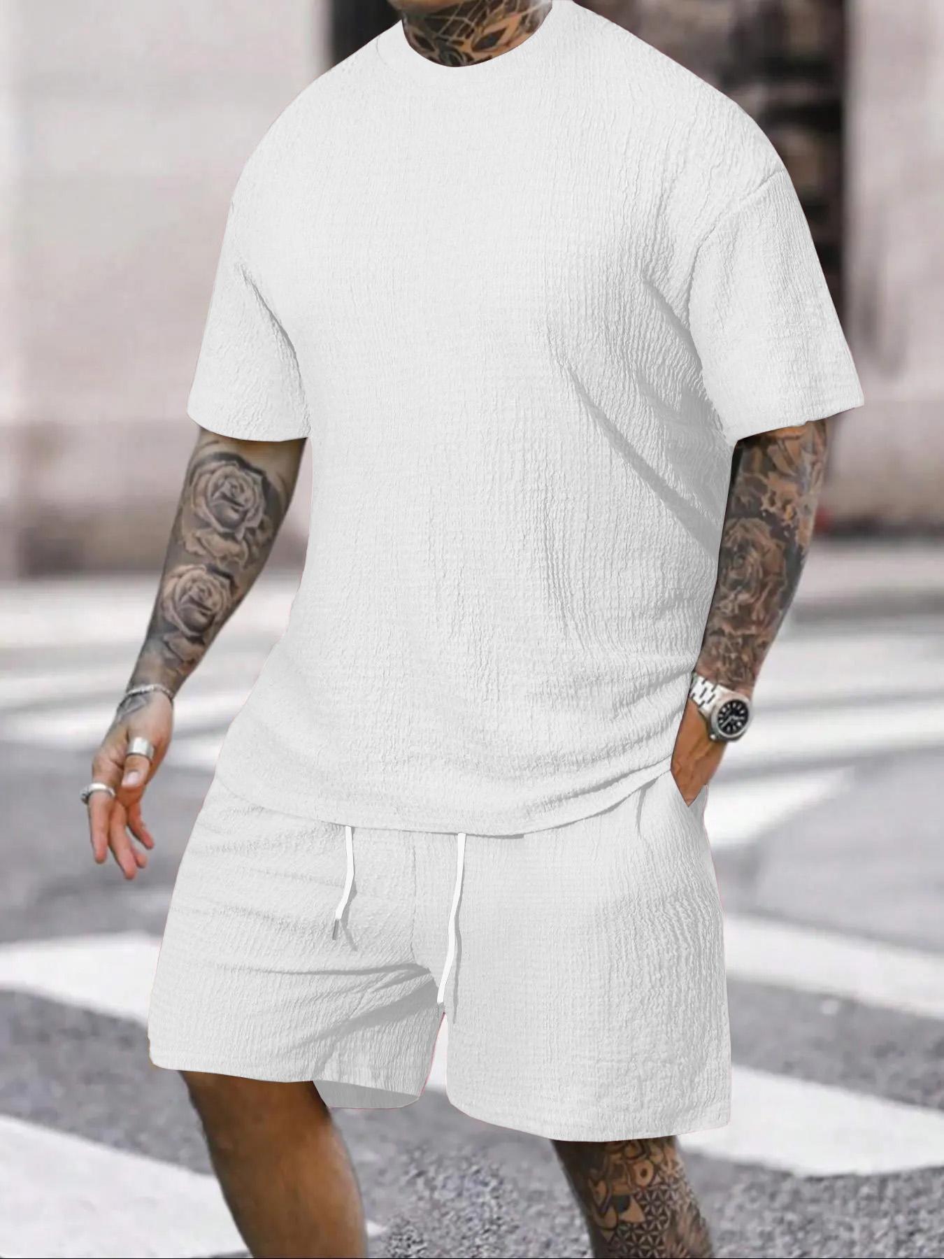 Men's Solid Textured Round Neck Tee & Drawstring Waist Shorts Pyjama Set, Short Sleeve Top & Shorts Set, Casual Comfy Men's Sleepwear & Loungewear, Menswear, Pajama Set