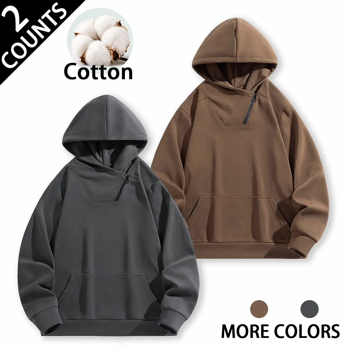 Men's 2-Pack Soft Cotton Blend Asymmetric Half-Zip Hoodies - Oversized Drop-Shoulder Pullovers with Kangaroo Pocket, Rib Cuff Hem, Loose Fit for Street, Daily Workout (Neutral Brown, Dark Grey)