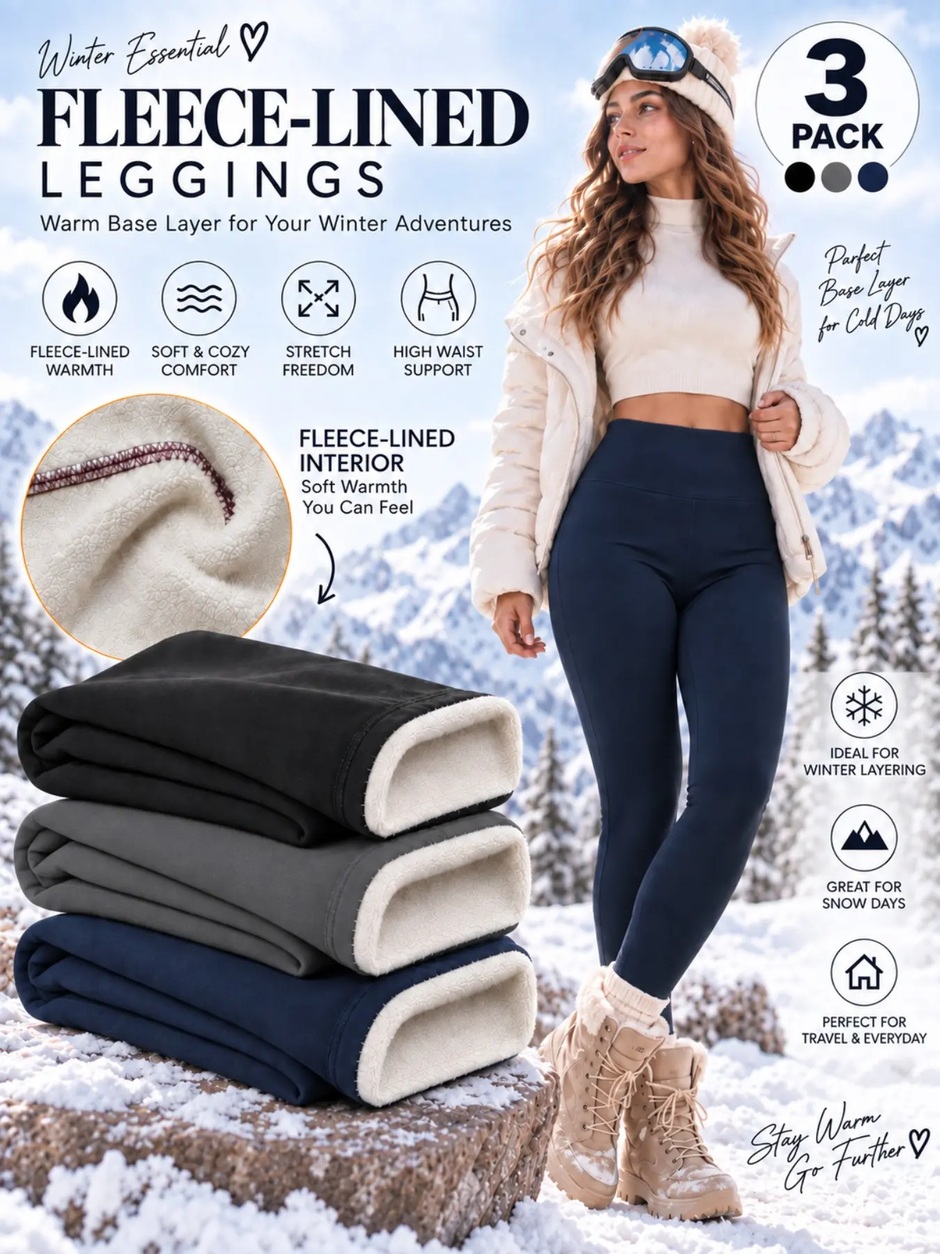 Women’s Thermal Ski Base Layer Leggings, High Waist Stretchy Warm Underlayer Pants, Cold Weather Bottoms for Skiing, Snowboarding & Winter Outdoor Activities, Plain Leggings