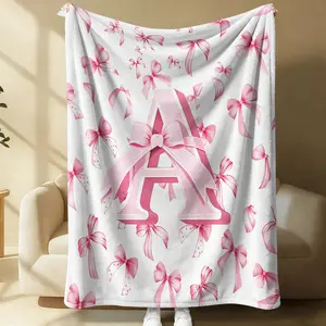 Coquette Pink Bow Initial Letter A Print Flannel Blanket - Girly Monogram Bowknot Pattern Office Nap Throw Travel Camping Cover Comfortable Soft Warm Blanket Couch & Sofa Bed Decor - Gift for Coquette Style & Preppy Aesthetic Lovers