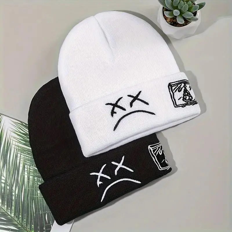 Unisex Cuffed Knitted Beanie Hat - Skater Graphic Hats, Women's Sad Face Embroidered, Soft Warm Winter Accessory with New Heart Design, Trendy Hip Hop Streetwear Skull Cap, Wool Western Newsboy Denim Black Flatbill for Skate & Daily Wear