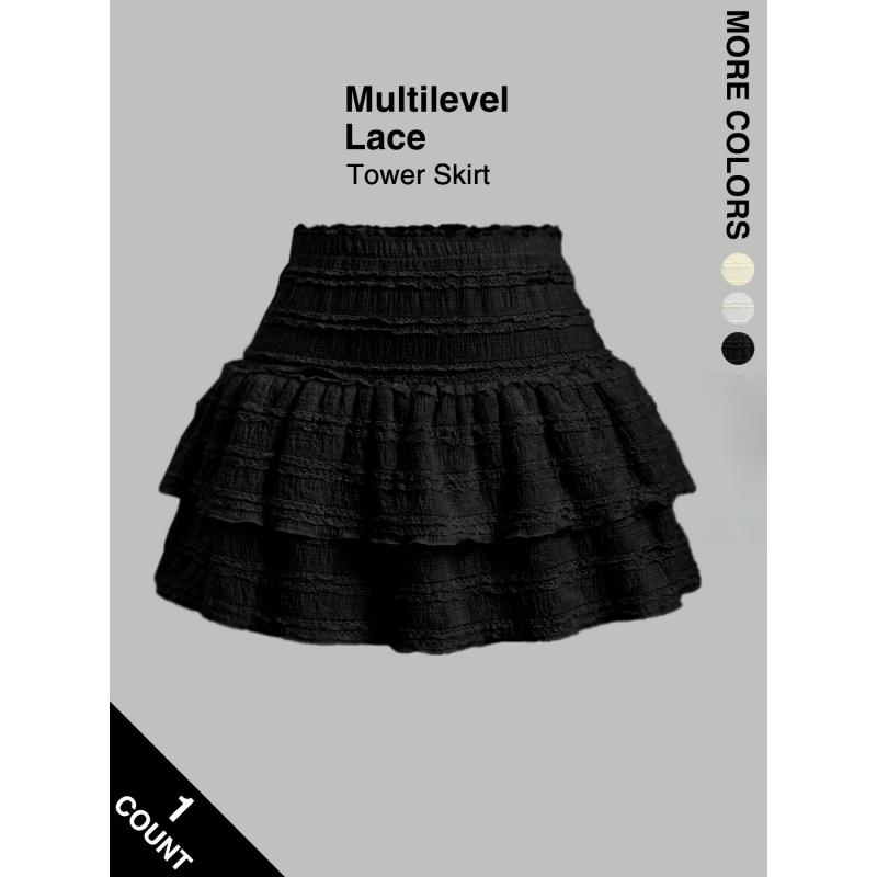 Women's High Waist Ruffled Pleated Mini Skirt with Lace, Double-Layer Flared Design, Comfortable Soft Fabric, Fashionable Elegant Short Skirt Suitable for Outdoor Leisure Daily Wear