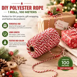Christmas Red White Twine for Gift Wrapping, Baking, DIY Crafts - 2mm Natural Hemp String, Eco-Friendly Sustainable Decorative Rope for Handmade Holiday Decor