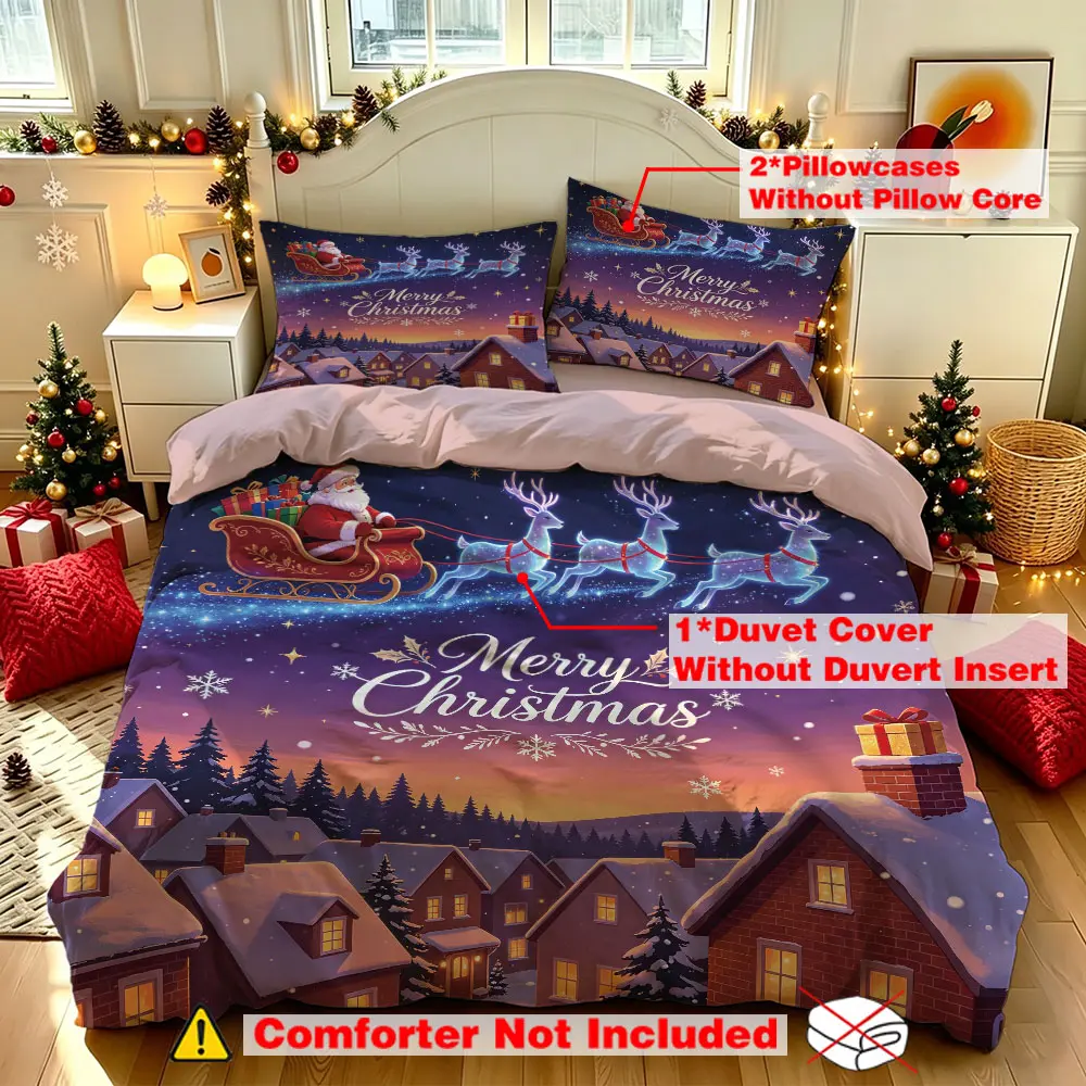 A set of 3 pieces (1 bedspread + 2 pillowcases, without a filling), Christmas sleigh snow scene with "Merry Christmas" slogan, soft and comfortable bedding set, perfect for room decoration, great Christmas gift