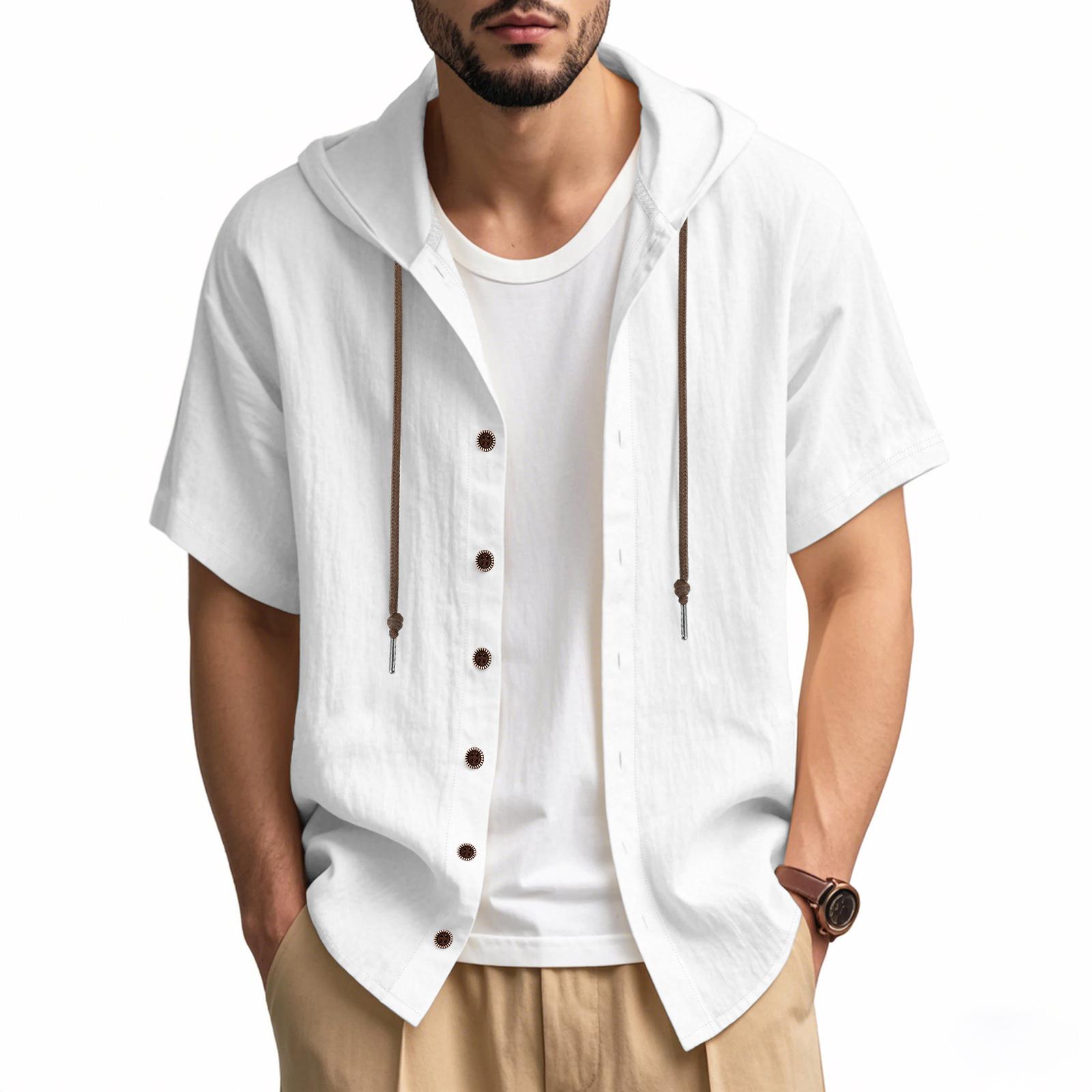 American-style Summer Lightweight Breathable Linen Amekaji Loose-fitting Hooded Men's Short-sleeve Shirt 95% Linen 5% Polyester Casual Menswear