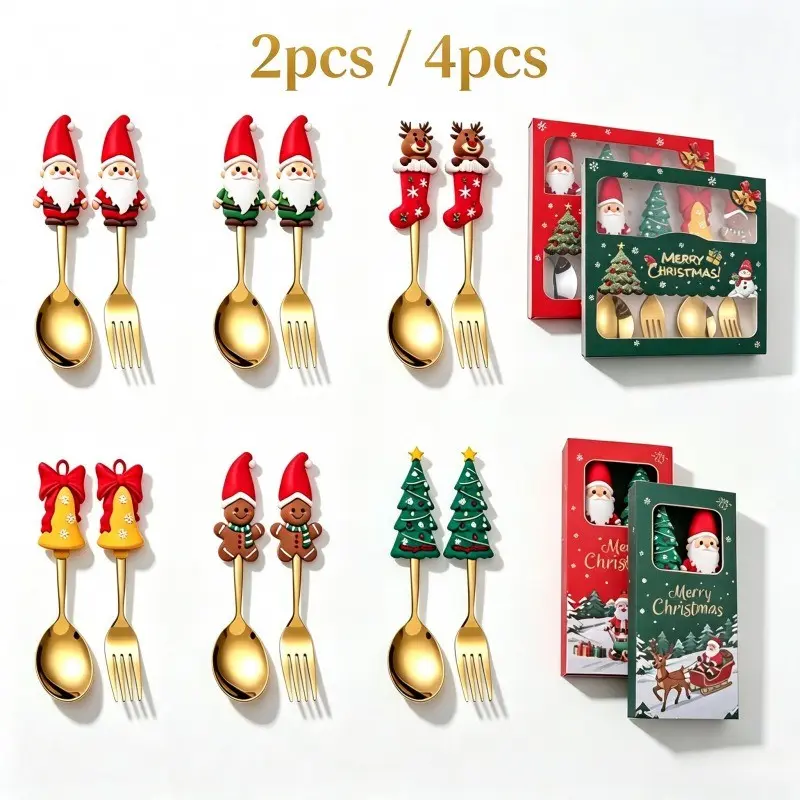 2/4Pcs Set Christmas Gold Spoon Fork Flatware Cutlery Kawaii Cute Holiday Farmhouse Aesthetic Stainless Steel Silicone Santa Gingerbread Tree With Gift Box K Dinner Party Decor Gift