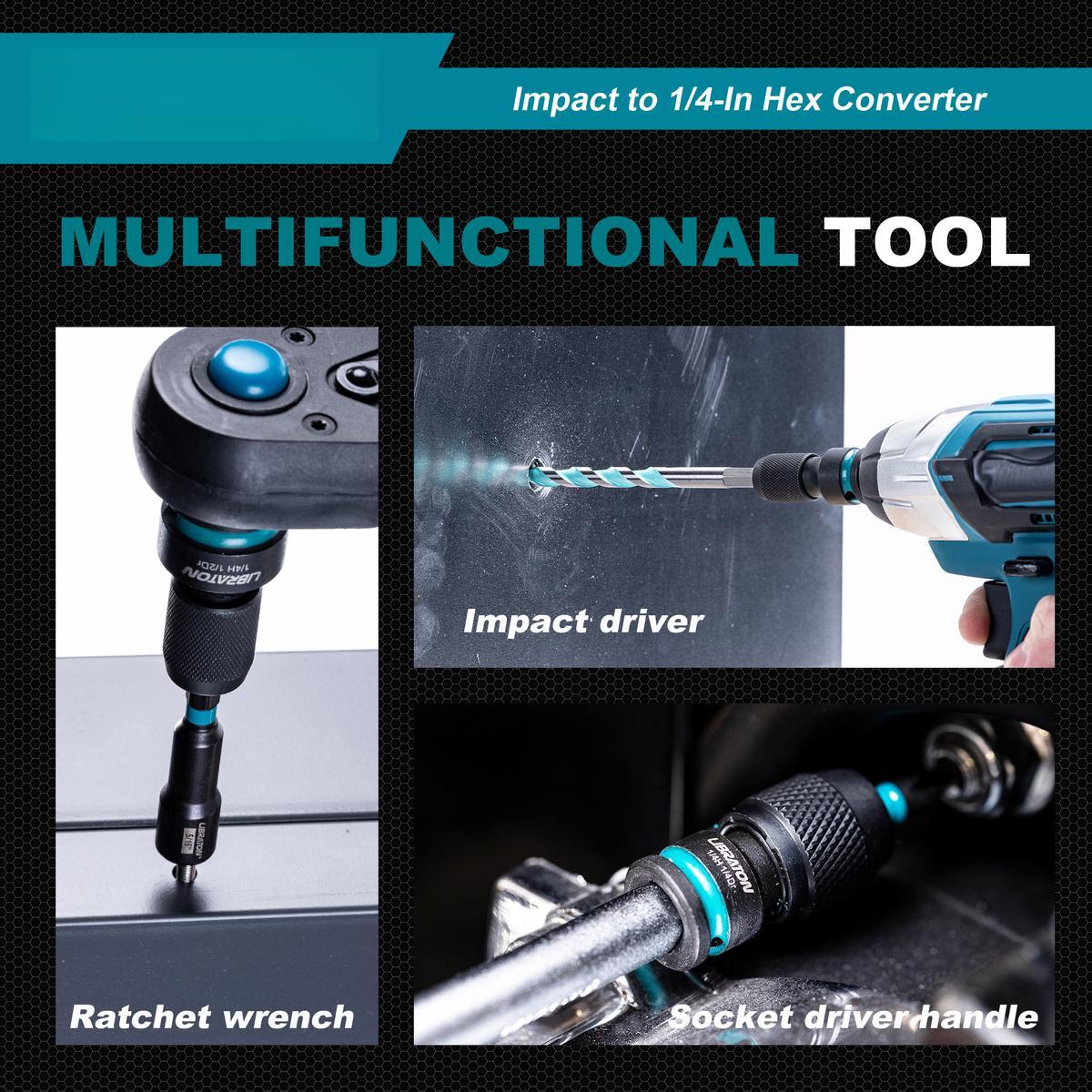 Impact to 1/4 Hex Converter, 1/2 3/8 1/4-INCH Drive Female to 1/4-Inch Hex Adapter, Impact Wrench Adapters for Ratchet Wrench Drivers, Impact Bit Holders, Quick-Change Chuck, Cr-Mo Steel